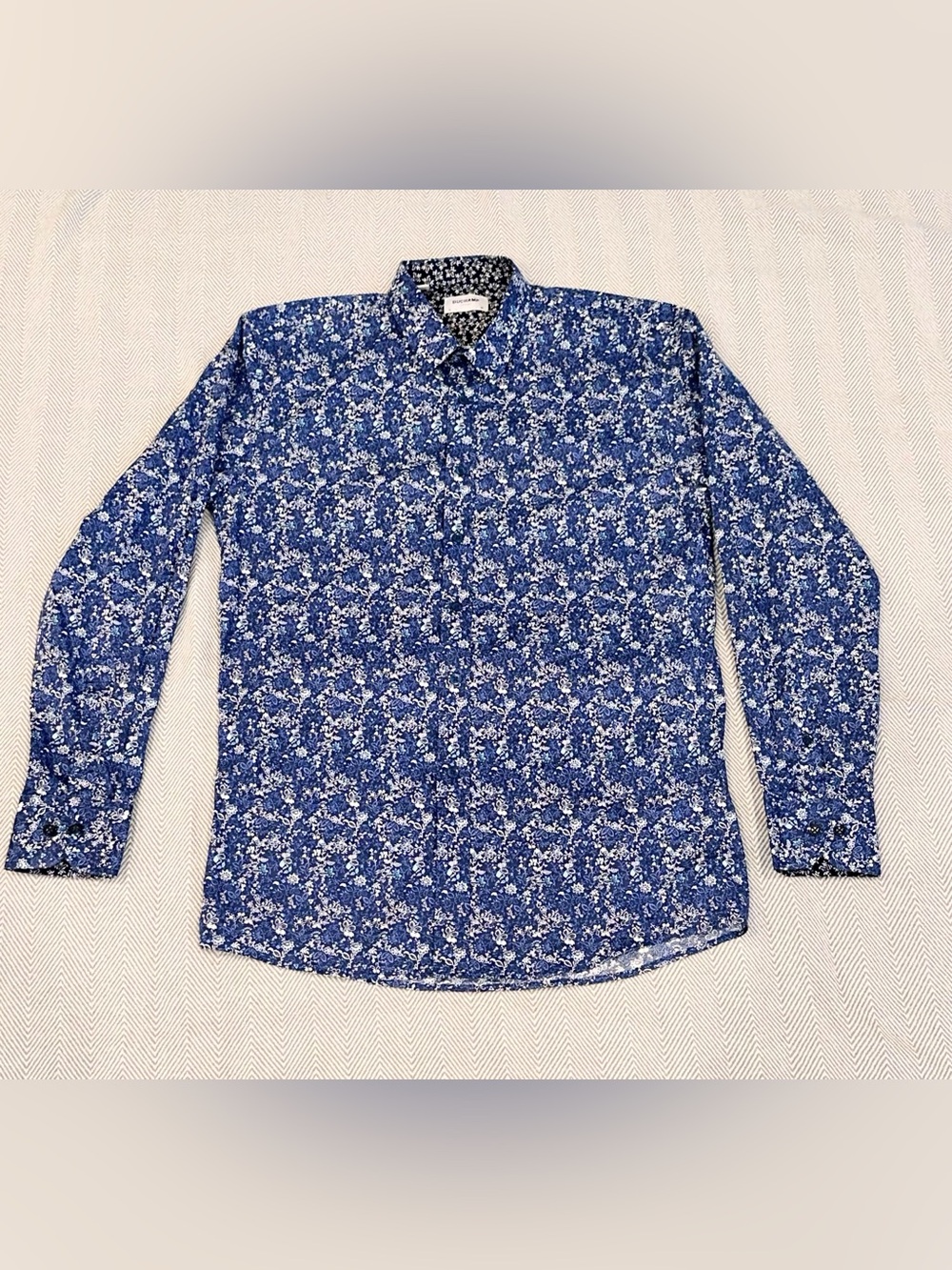Duchamp London Blue White Floral Button Front Classic Office Shirt Mens Medium
